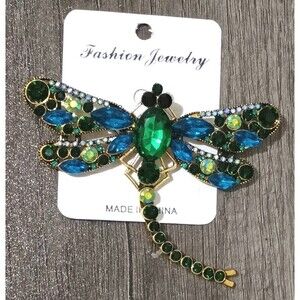 Large Dragonfly Blue Green Black AB Rhinestone Gold Tone Brooch Pin Pendant